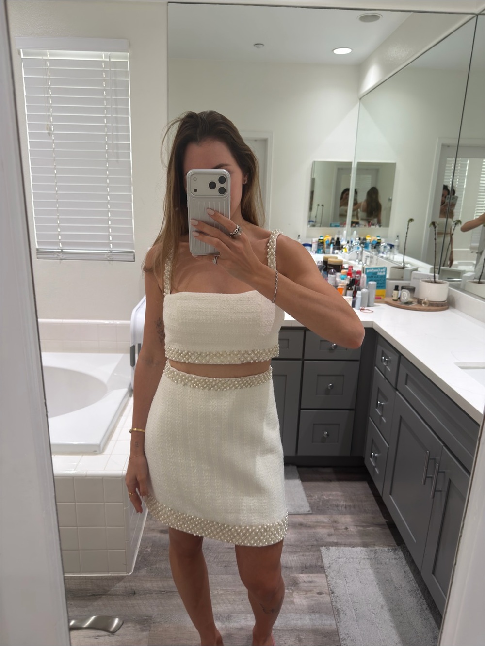 Cream Pearl-Trim Mini Skirt